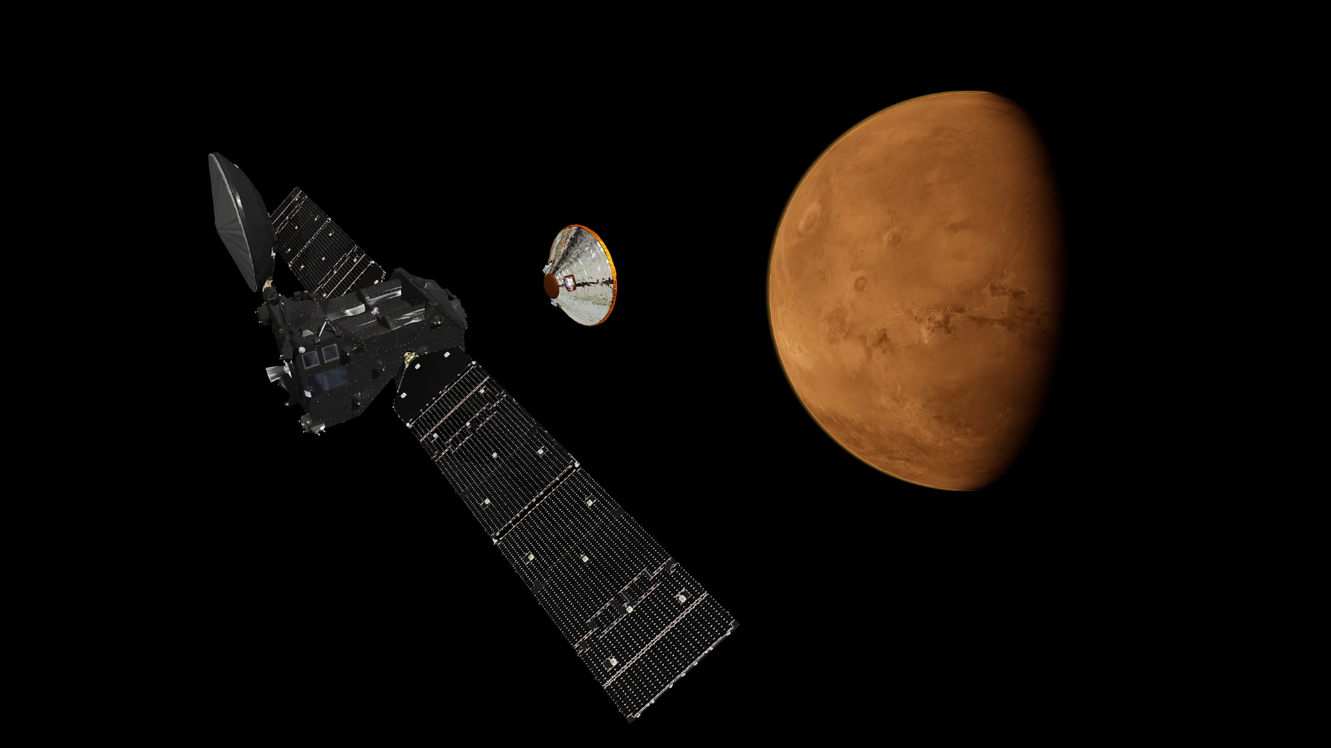 Artist's impression depicting the separation of the ExoMars 2016 entry, descent and landing demonstrator module, named Schiaparelli, from the Trace Gas Orbiter, and heading for Mars. Copyright: ESA/ATG medialab  